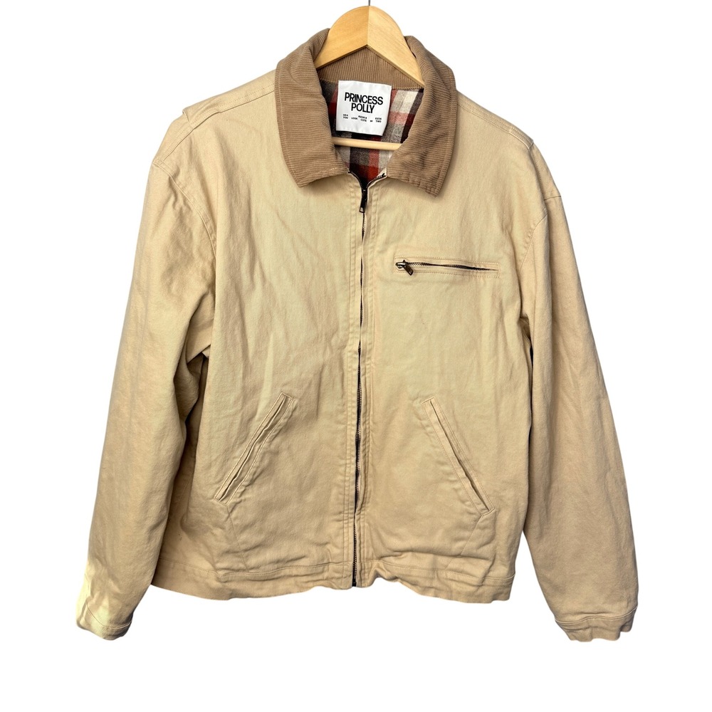 Princess Polly Springer Barn Jacket Beige Corduroy Collar Plaid Lined US 4